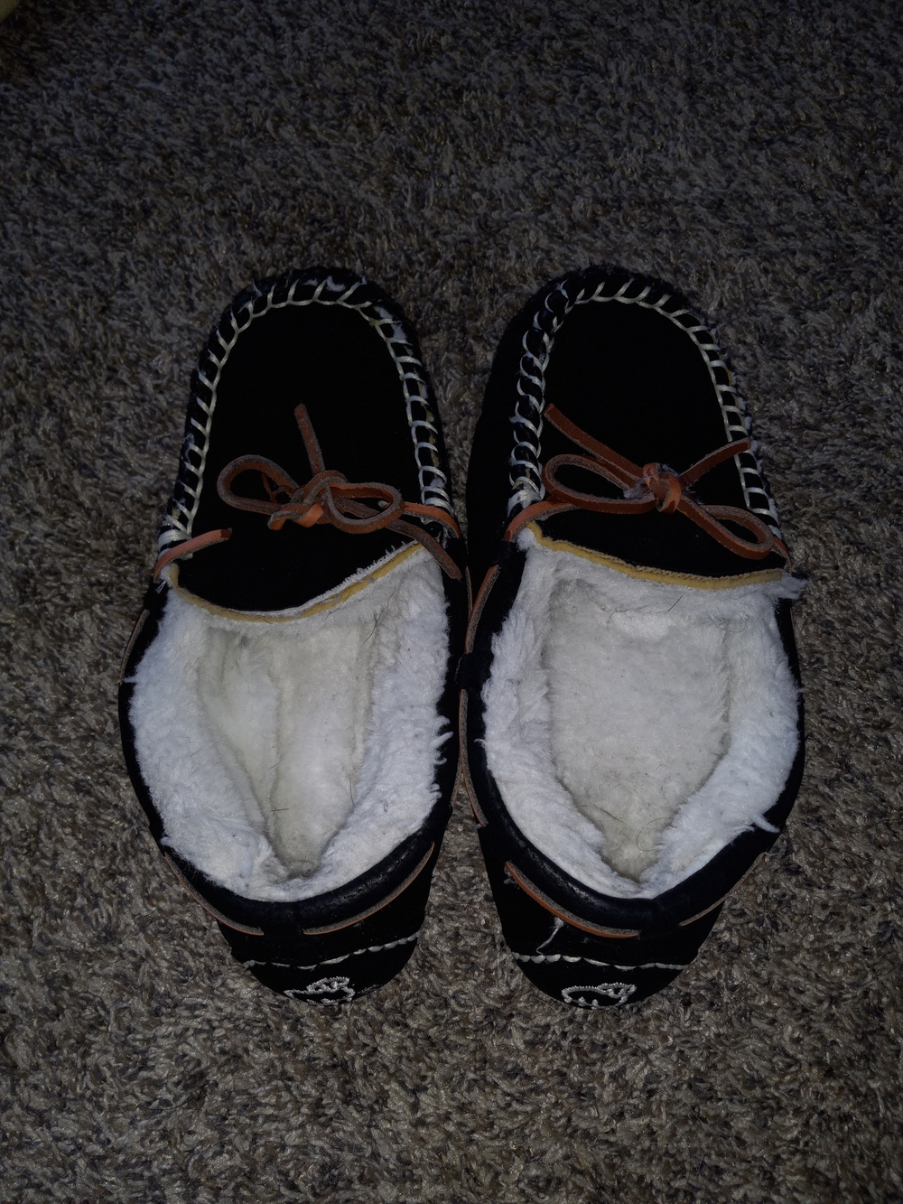 Kids Black Moccasin Slippers with Faux-Sherpa Lining and Brown Lace